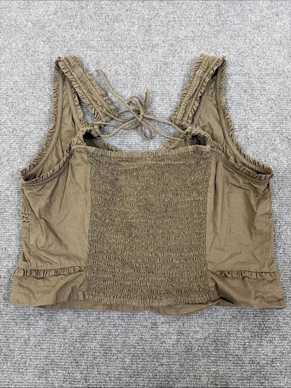 Free People Olive Green Ruffled Button Camisole Adjustable Tie Back Sz M (T6)